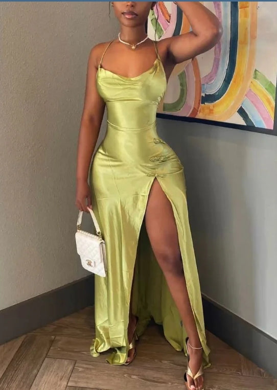 Luolandi Green Satin Long Evening Party Dress with High Split Sexy Evening Dress Formal Dress